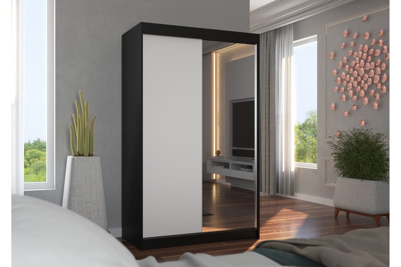 Rewena Garderobe med Speil 120x200 cm - Svart/Hvit - Oppbevaring - Klesoppbevaring - Garderober & garderobesystem
