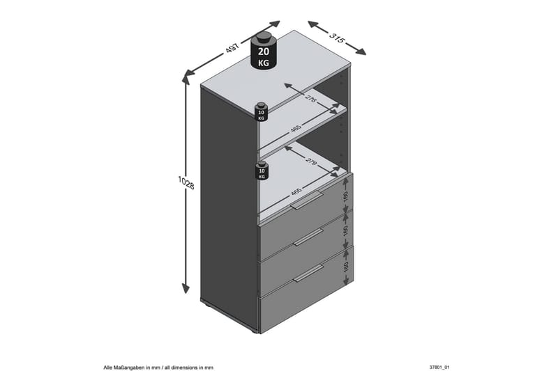 FMD Kommode med 3 skuffer og åpne hyller svart - Svart - Oppbevaring - Oppbevaringsmøbler - Kommode