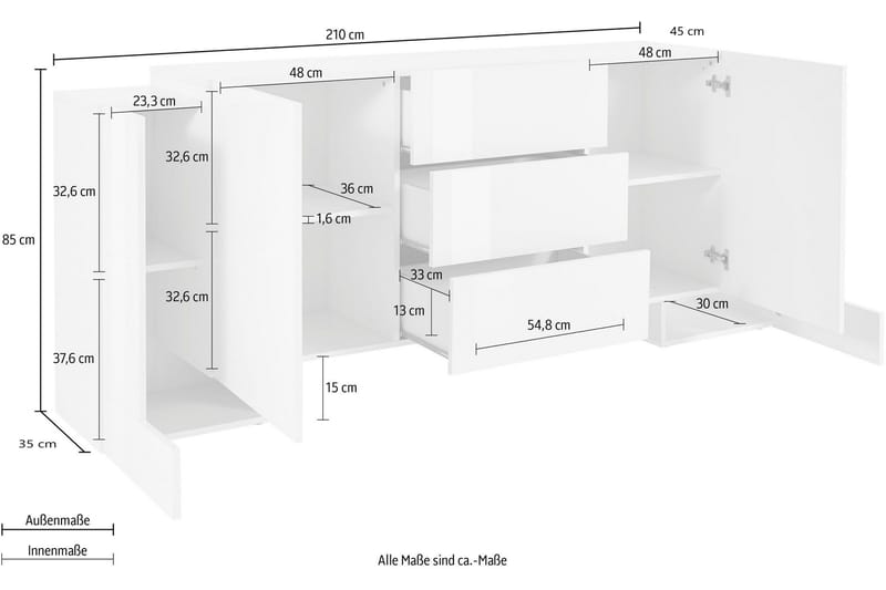 Pillona Skjenk 210 cm 4 Dører + 3 Skuffer - Hvit/Svart - Oppbevaring - Oppbevaringsmøbler - Sideboard & skjenk