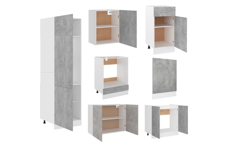 Kjøkkenskapsett 7 deler betonggrå sponplate - Grå - Oppbevaring - Skap - Oppbevaringsskap