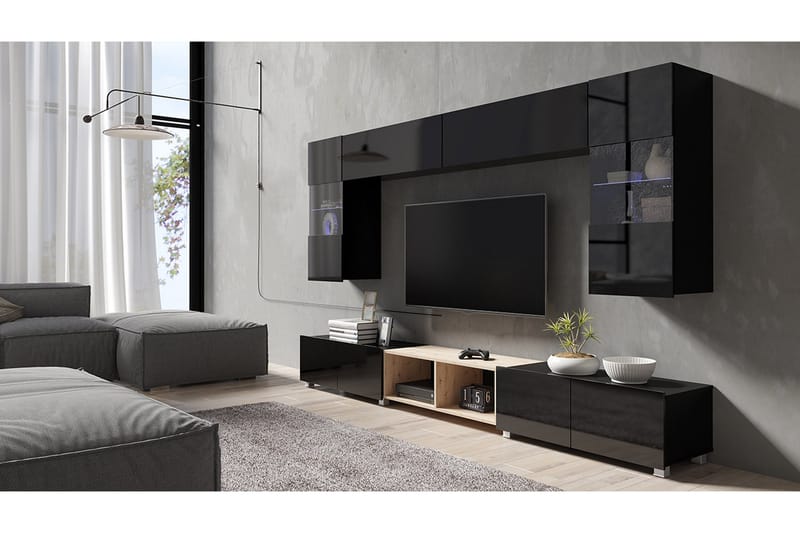Stakem TV-Møbelsett med Blå LED - Svart - Oppbevaring - Skap - Oppbevaringsskap